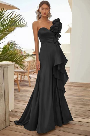 Black Satin One Shoulder Long Formal Dress with Ruffles